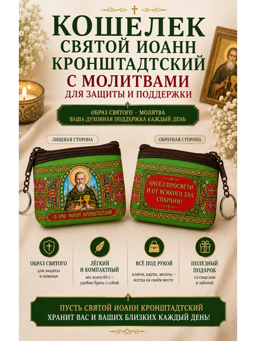 BLT Кошелёк- сумочка, ключница Святой Иоанн Кронштадтский, зеленый
