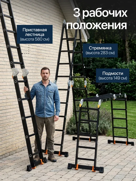 startul Лестница трансформер алюминиевая 3,55 м стремянка 4x4, 4x5, 5,8 м, фото 3