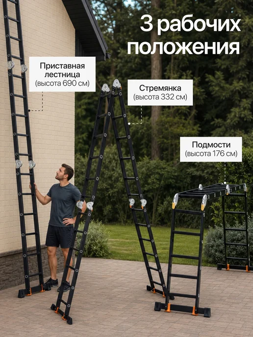 startul Лестница трансформер алюминиевая 3,55 м стремянка 4x4, 4x6, 6,9 м, фото 3