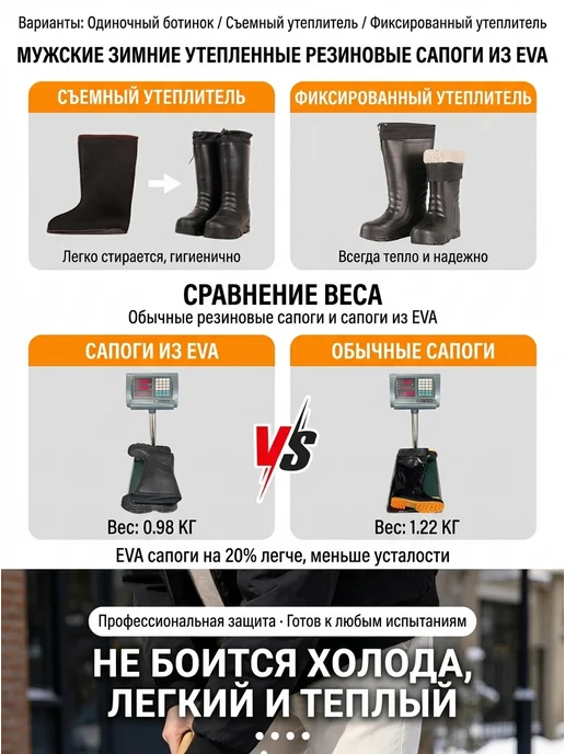 Нет бренда Сапоги резиновые средней длины утепленные из ПВХ для холода, черный, фото 4