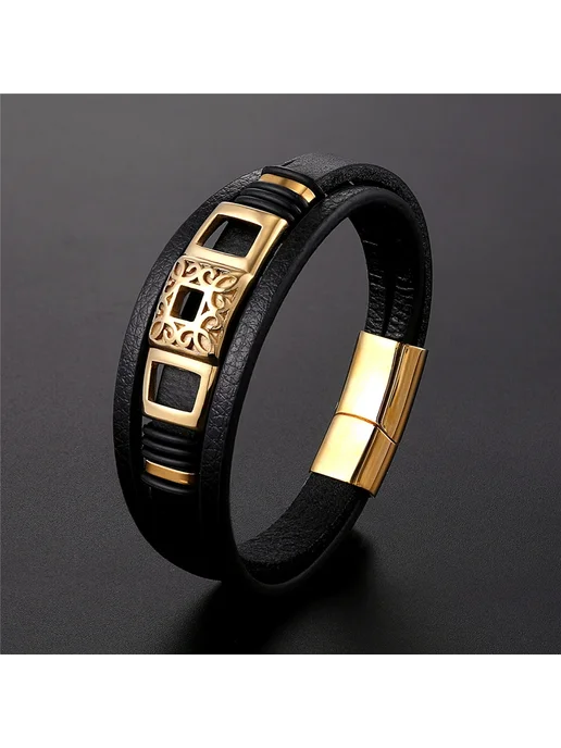 gztangzhou Мужской браслет черный кожаный 19 см TZ-1498, черный, фото 2
