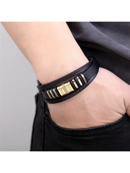gztangzhou Мужской браслет черный кожаный TZ-1499, 21 см, черный, фото 4