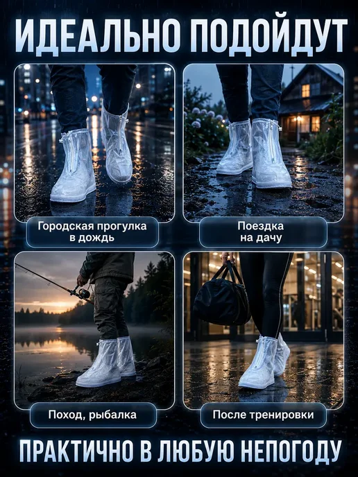 АС11 АЧехлы на обувь многоразовые водонепроницаемые дождевики, белый, фото 3
