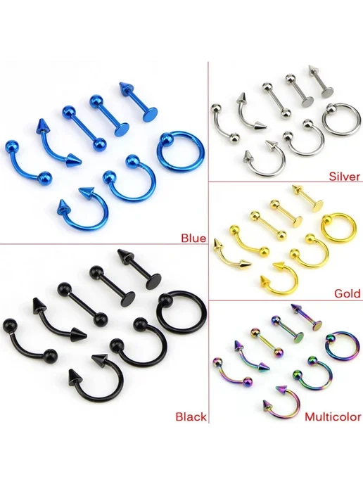 Нет бренда Набор пирсинга из стали, синий, 8 шт, 8 шт, фото 2