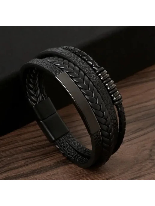 Jiayiqi Мужской браслет кожаный многослойный, Style11 Black, 20 см, черный