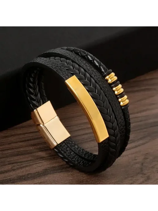 Jiayiqi Браслет сталь и кожа Style11Gold 18,5 см, золотой