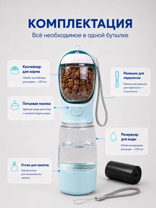 Поилка дорожная для собак и кошек прогулочная, голубой, фото 2