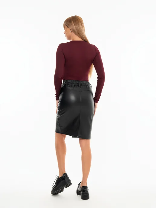 MIXXLOOK Юбка кожаная карандаш миди до колен, черный, фото 8