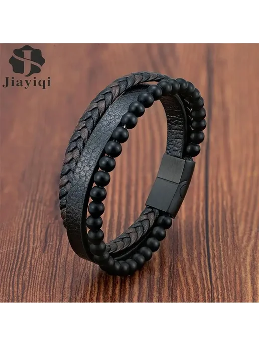 Jiayiqi Мужской браслет кожаный многослойный Black 1, 20.5 см, черный, фото 2