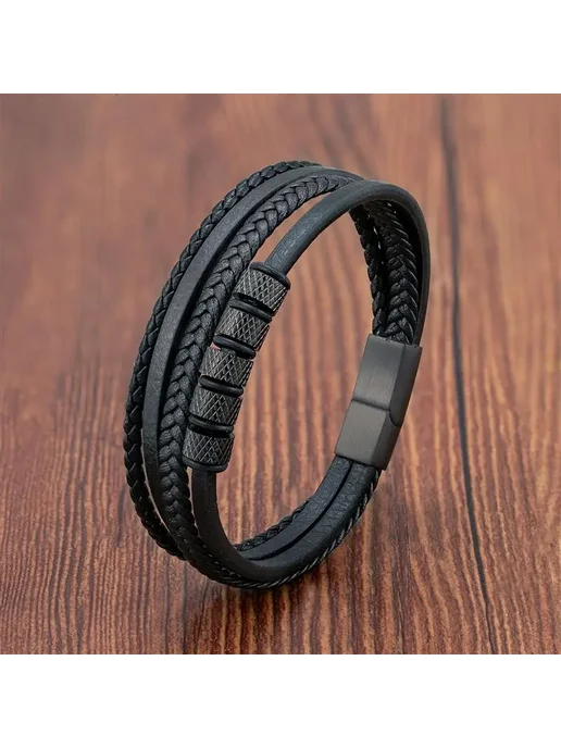 Jiayiqi Кожаный браслет Black Beads 20,5 см, черный