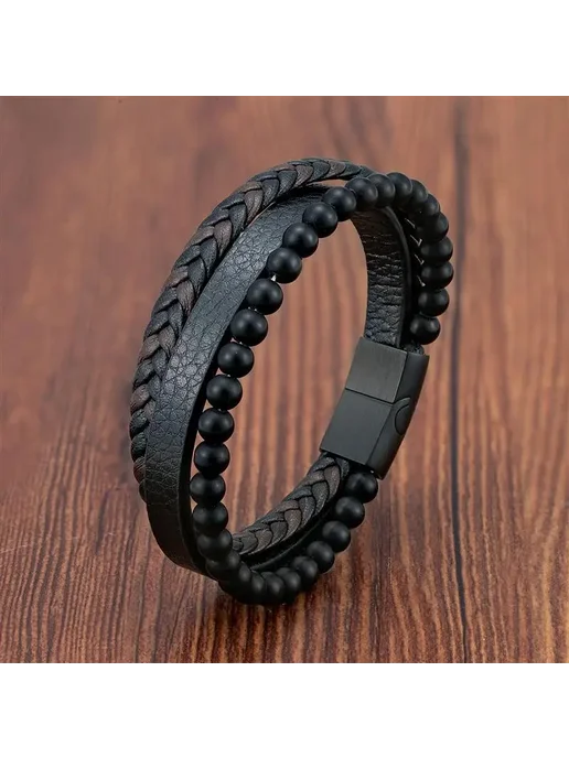 Jiayiqi Кожаный браслет Black Beads 20,5 см, черный, фото 3
