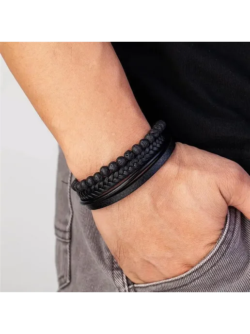 Jiayiqi Кожаный браслет Black Beads 20,5 см, черный, фото 7