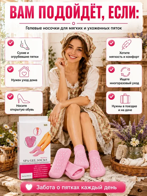АйНУРУ Многоразовые гелевые увлажняющие носки для пяток и стоп, розовый, фото 3