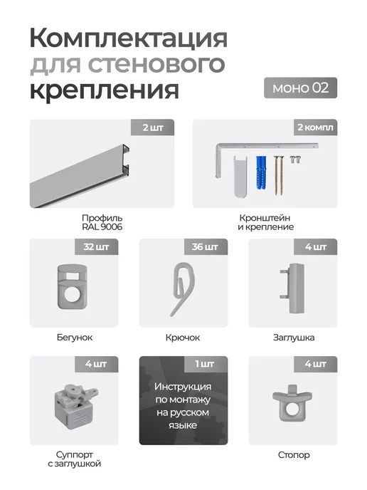 hamеleon Карниз настенный двухрядный для штор серый Моно 90 см, серый, фото 5