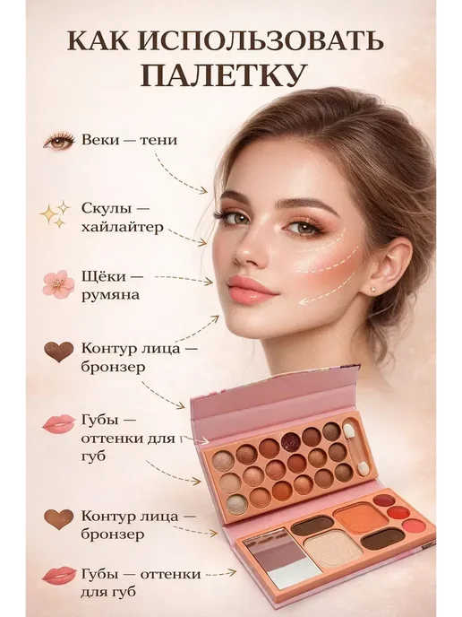 МИР77 Набор косметики палетка теней румян и хайлайтера с зеркалом…, розовый, фото 3