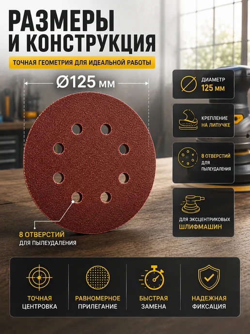 Шлифовальный диск 125 мм липучка P60 10 шт для болгарки, 10 шт, фото 6