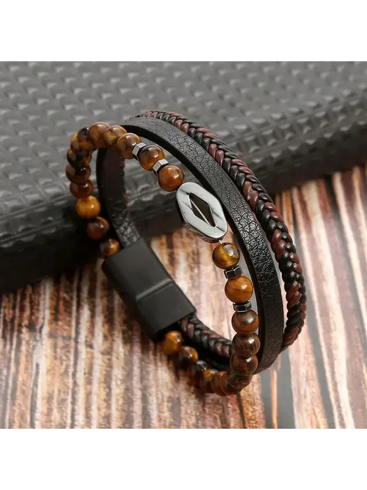 Нет бренда Мужской браслет кожаный черный с Tree Charm, 21 см, с бусинами Coffee1 19