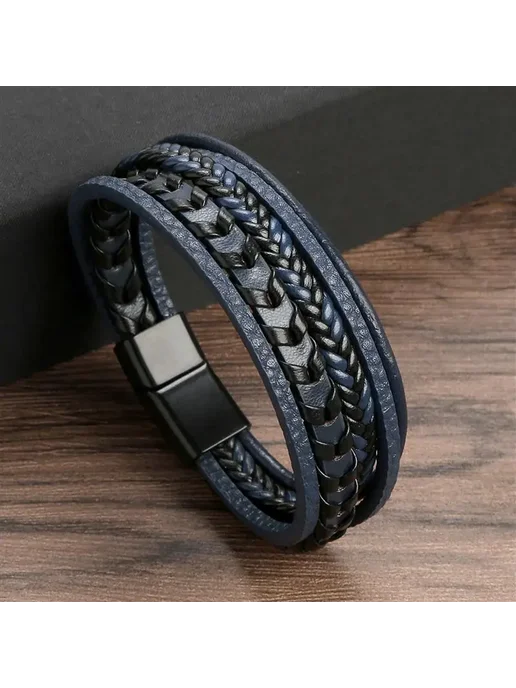 Нет бренда Мужской браслет кожаный черный с Tree Charm, 21 см, синий