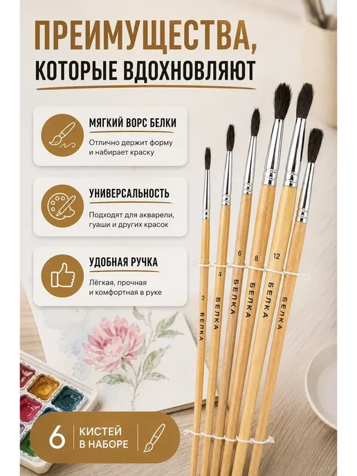 Ариш Художественные кисти для акварели и гуаши 6 штук, вариант, фото 2