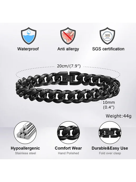 Нет бренда Мужской браслет VNOX черный, 18 см, BR-1704B-8, из нержавеющей стали 20, фото 6