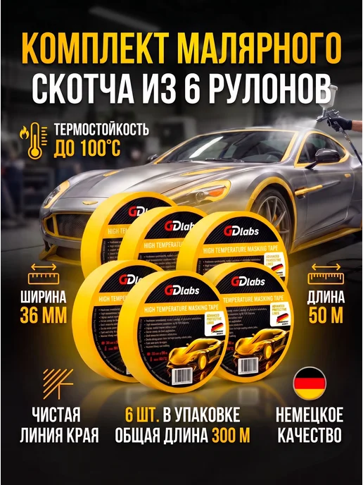 Малярный скотч термостойкий 36 мм (комплект 6 шт.), 6 шт