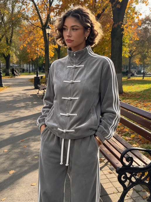 Велюровый спортивный костюм, серый, фото 2
