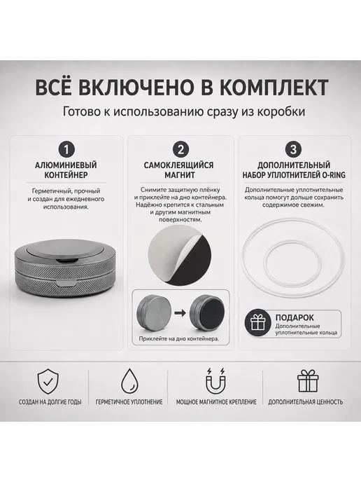 Кейс для снюса двойной герметичный магнит уплотнения, серый, фото 5