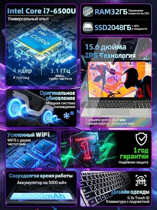Intel Core i7 Игровой Ноутбук для игр мощный,32 2048ГБ,15.6“, 2048 ГБ, фото 2