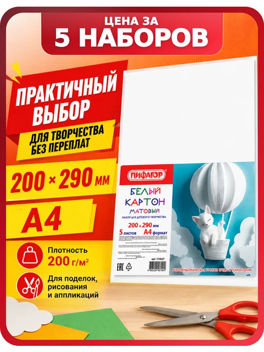 Пифагор Картон белый плотный комплект из 5 наборов, белый