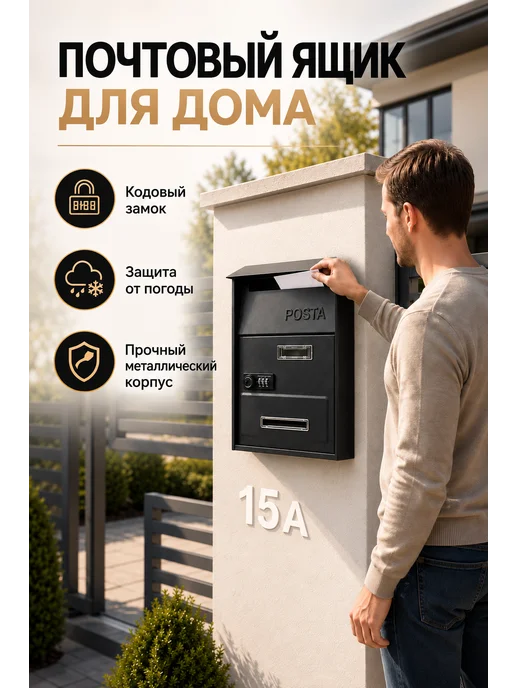 Почтовый ящик уличный для дома с кодовым замком черный, черный, фото 6