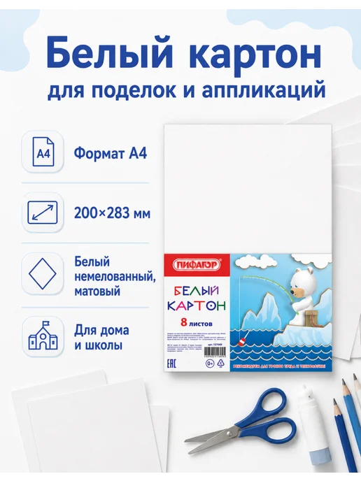 Пифагор Картон для школы А4, комплект 5 шт, 25 листов, белый, 2 шт, фото 4