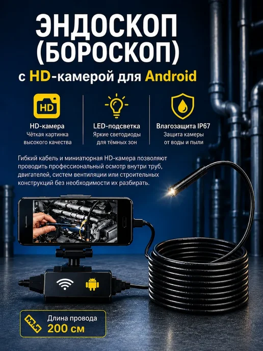 КазБренд Эндоскоп для смартфона USB камера для труб и авто, черный