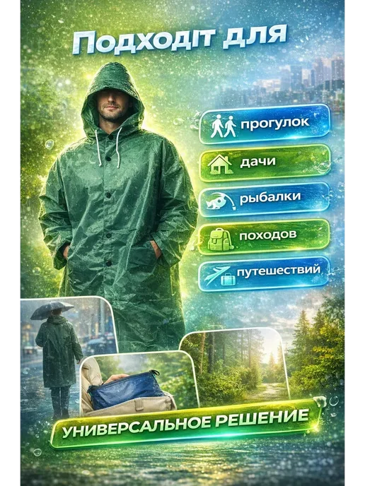 КМ08 Дождевик плащ с капюшоном водонепроницаемый универсальный*, синий, фото 4