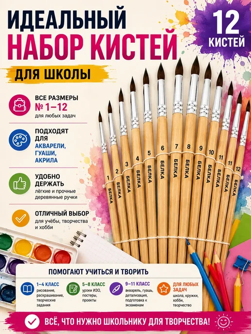 AIX4 Кисти для рисования из натурального ворса белки, 12 шт, фото 2