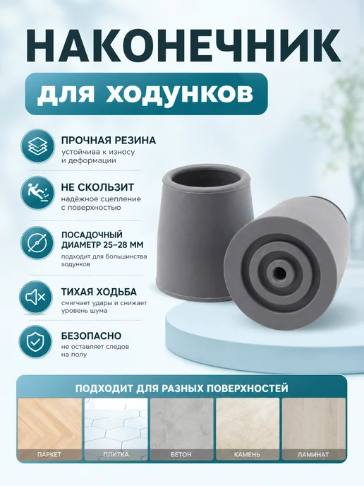 Наконечники для ходунков 28 мм, 1 комплект, серый