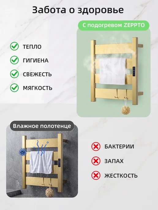 ZEPPTO Полотенцесушитель электрический 44x52 матовое золото, 44x52, фото 4