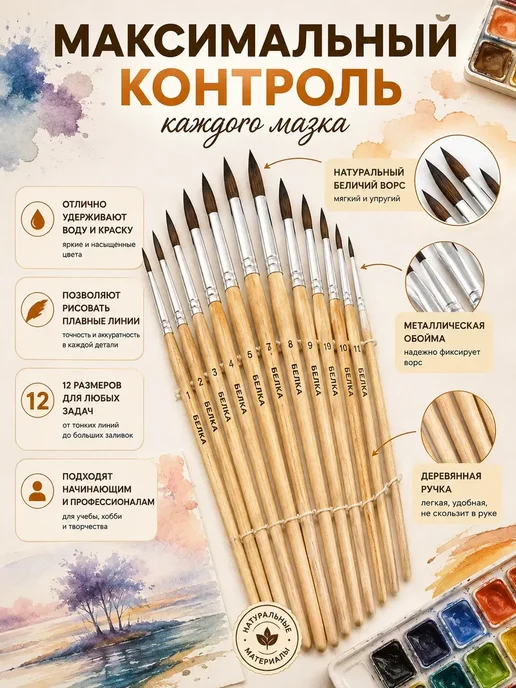 Кана0101 Набор кистей для рисования белка 12 шт, 12 шт, фото 2