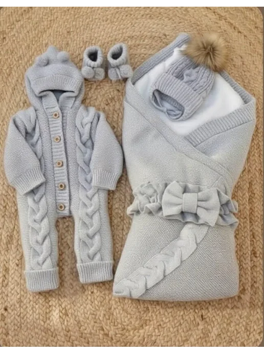 Zukhruchka KIDS Конверт на выписку осень-зима вязаный комплект 5в1, серый, фото 2