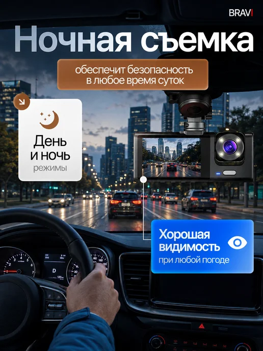 BRAVI Видеорегистратор для автомобиля с тремя камерами, вариант, фото 5