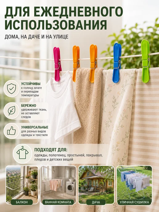 ИНИМ Прищепки для белья пластиковые 24 шт с усиленной пружиной, 24 шт, фото 4
