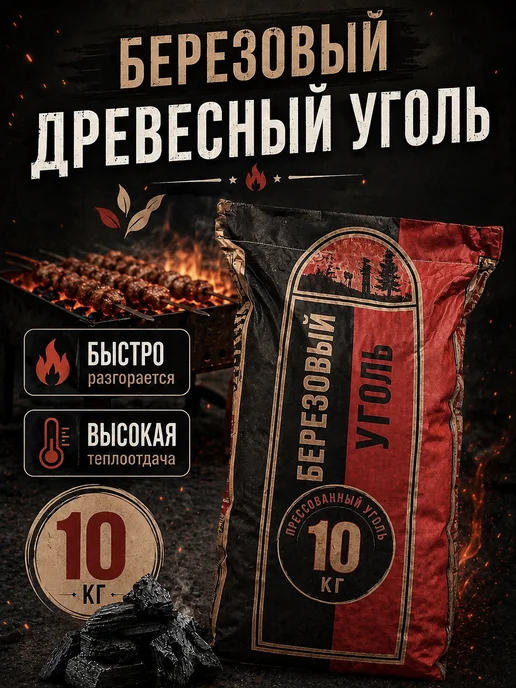 Уголь древесный березовый для мангала 10 кг, 10 кг