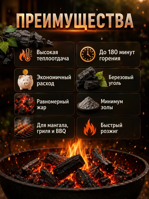 Уголь древесный березовый для мангала 10 кг, 10 кг, фото 2