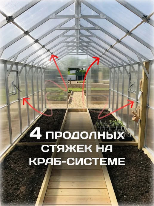 Теплицы Луна Теплица 3х6 м из поликарбоната 4 мм 550 г м² с каркасом, 3x8 м, 550 г, фото 3