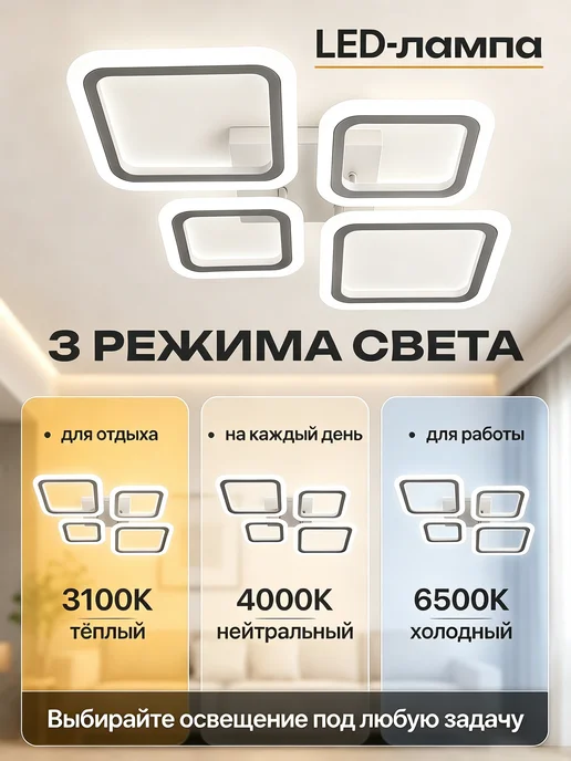 Люстра потолочная светодиодная на кухню в спальню для зала, белый, фото 2