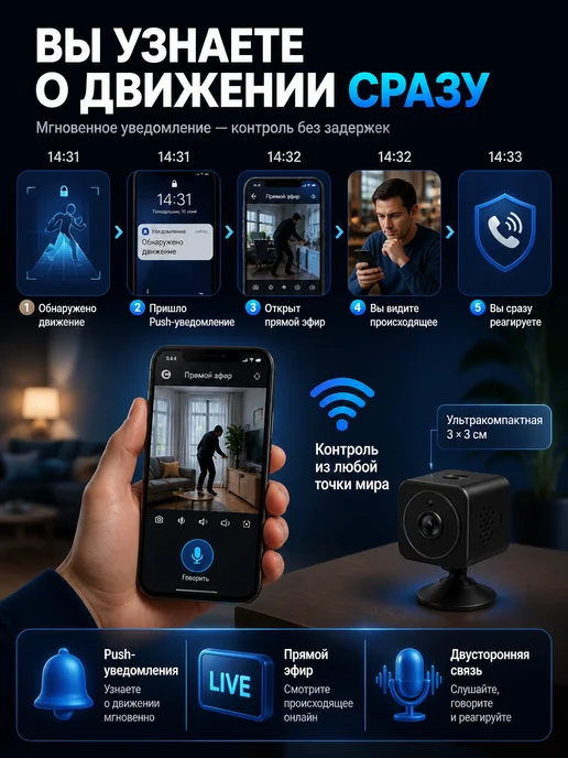 Мини камера видеонаблюдения wifi, черный, фото 2