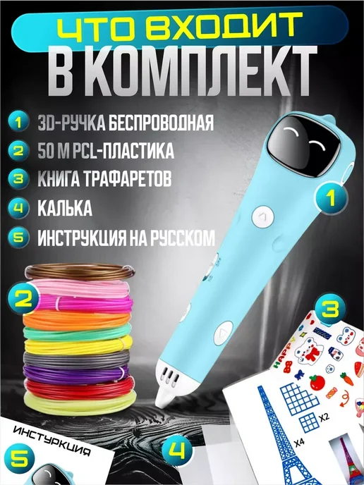 3D ручка беспроводная с пластиком, голубой, фото 3