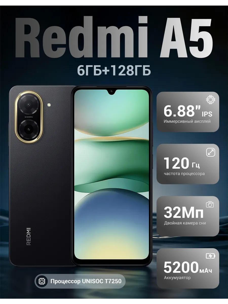 Смартфон Xiaomi A5 6ГБ 128 ГБ 120 Гц Midnight Black Redmi 1333602562 купить в интернет‑магазине Wildberries