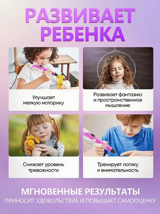 3D ручка набор со светящимся пластиком и трафаретами, фиолетовый, фото 4