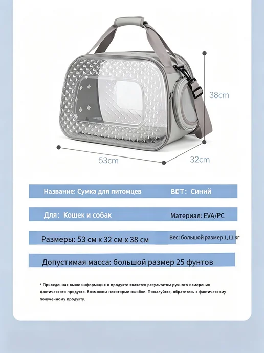 Сумка для транспортировки кошек и собак, одноплечевая, голубой, фото 2