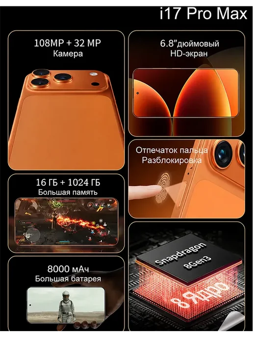 Смартфон Pro Max I17 Pro Max 16/1024 ГБ, голубой, фото 3